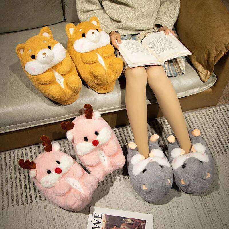 Cute Cartoon Dog Rabbit Indoor Fluffy Slippers For Women Home Floor Warm Soft Faux Fur Female Winter Cotton Shoes