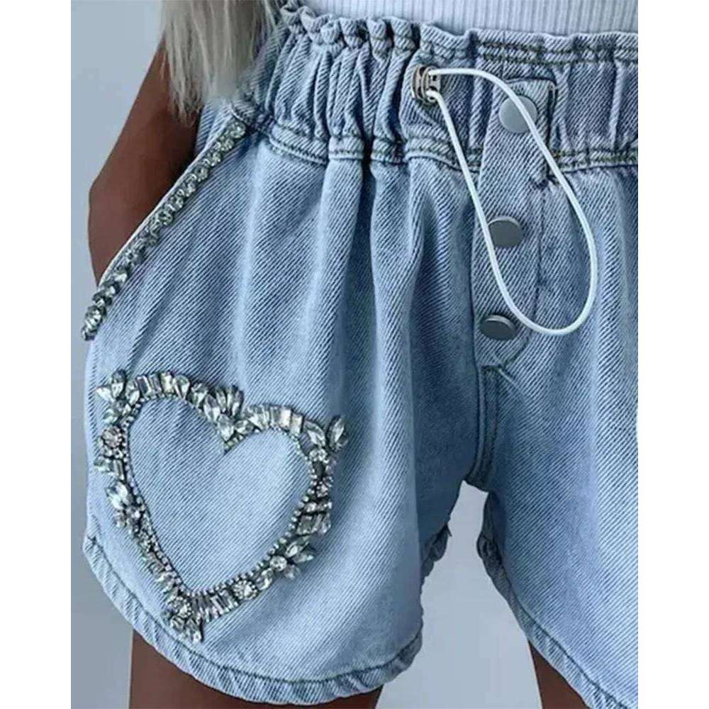 Rhinestone Heart Pattern Drawstring Denim Women Fashion Spring Summer Jeans Shorts Pants XJ260305