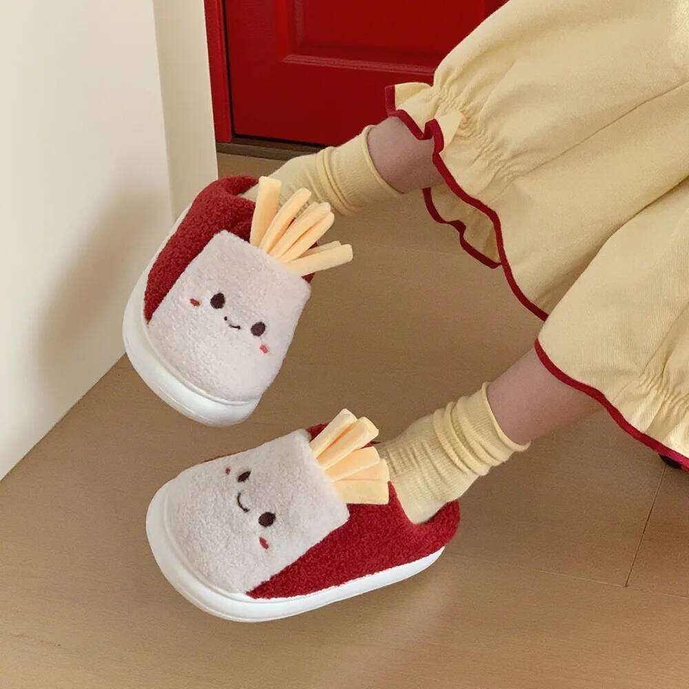 Cute French Fries Indoor Cotton Slippers For Women Men Autumn Winter House Shoes Soft Plush Anti-slip Couples Home Floor Slides