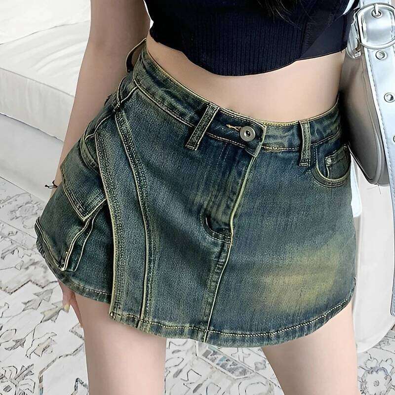 Fashion Design Niche Irregular Denim 2025 Summer New Big Pocket Hot Girl Slim Short Skirt XJ260305