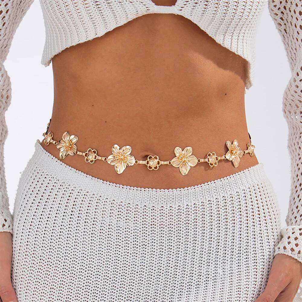 Personality Metal Flowers Waist Chain for Women Fashion Elegant Metal Bikini Belly Belt Party Rave Body Jewelry Summer Beach S260304