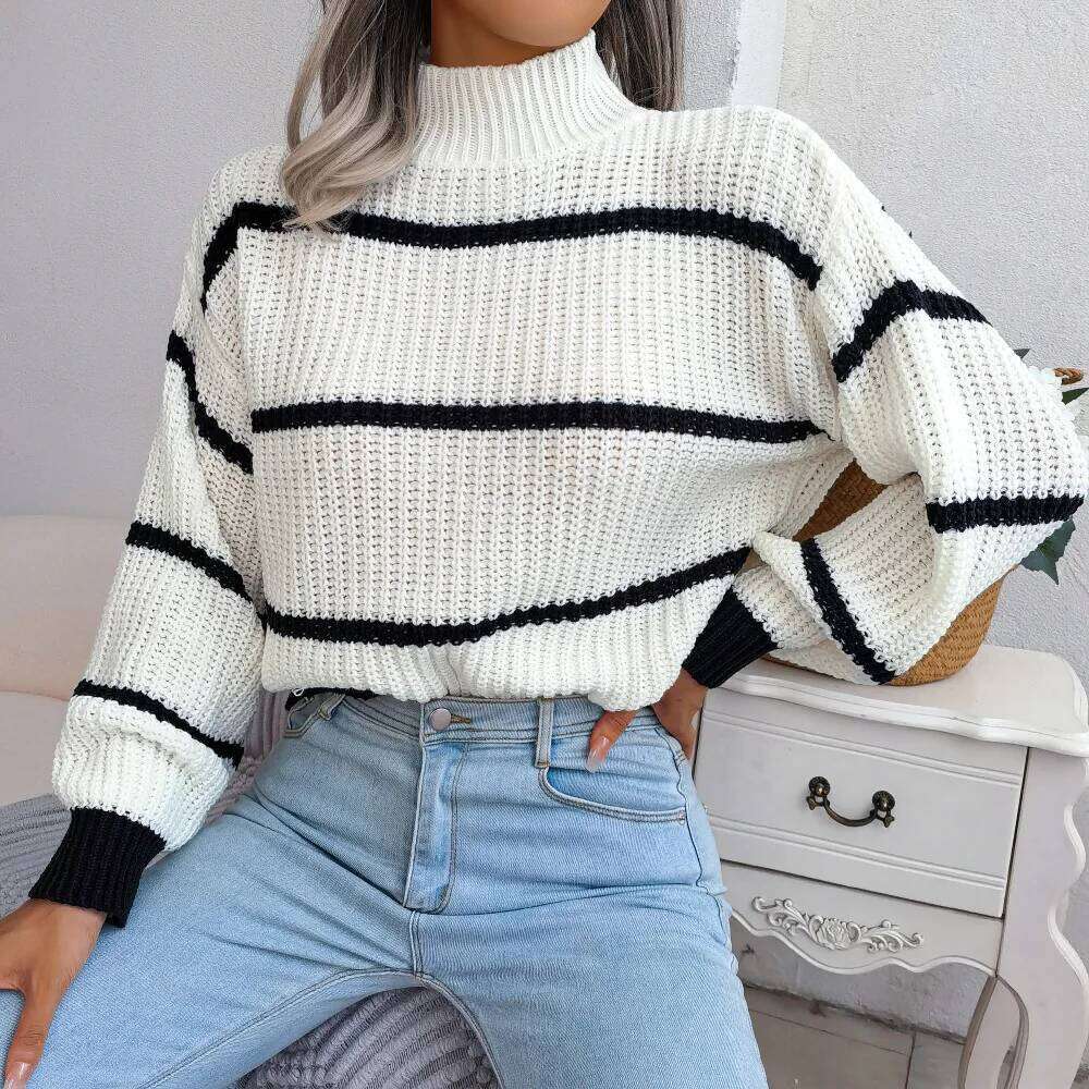 Autumn Winter Stripe Sweaters Pullovers Women New Solid Color Long Sleeved Jumpers Fashion High Neck Warm Pullover Knitwears Top XJ260305