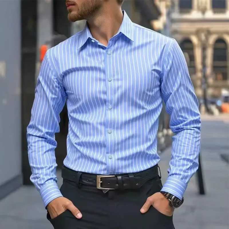 Spring Autumn Men Clothes Long Sleeve Stripe Shirt Men Business Casual Lapel Button Shirt Tops M260305