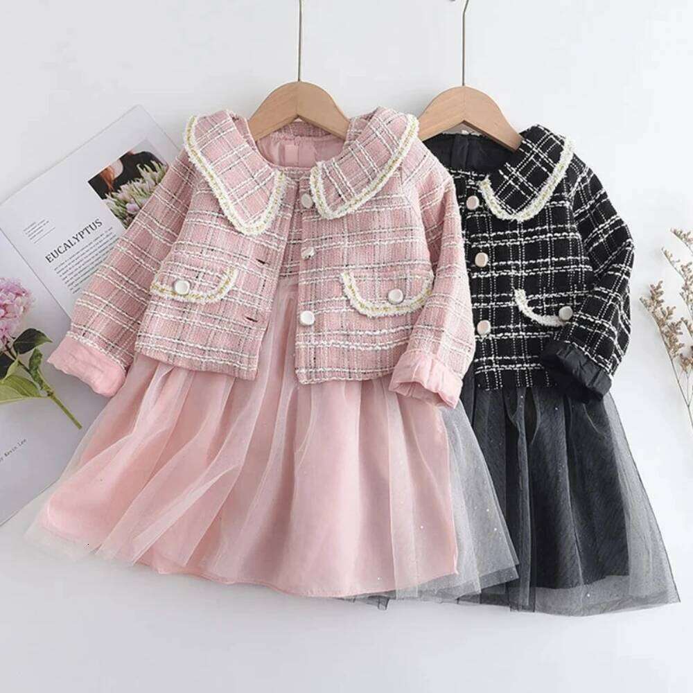 Autumn New Korean Version Clothes of Girls' Sleeveless Mesh Vest Dress+lapel Plaid Long Sleeved Jacket Two-piece Set Z260304