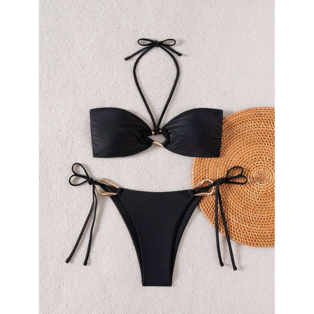 Sexy Bandeau Bikini 2025 Women Black Metal Buckle Push Up Bandage Thong Swimsuit Summer Bathing Suit Holiday Pool Swimwear Y260303