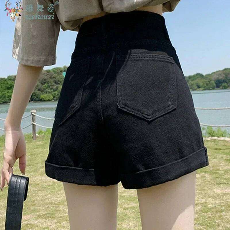 Y2K High Waist A- Line Women's Denim Cuffed Hot Pants Design Sensation Korean Girls Casual Cotton Wide Leg Shorts XJ260305