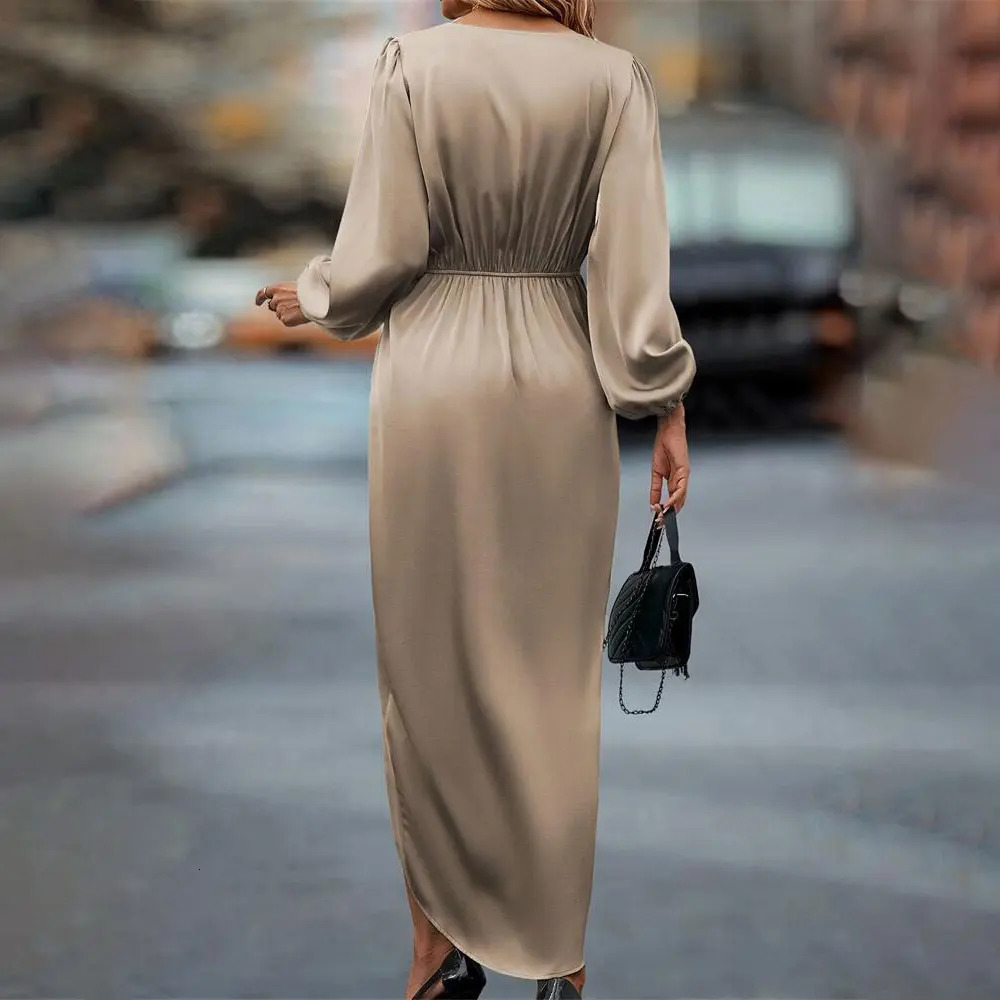 Women Long Dress Elegant Round Neck Satin Sleeve Office Lady Midi Slim Evening Party Dresses Sexy Chic Robe 260302