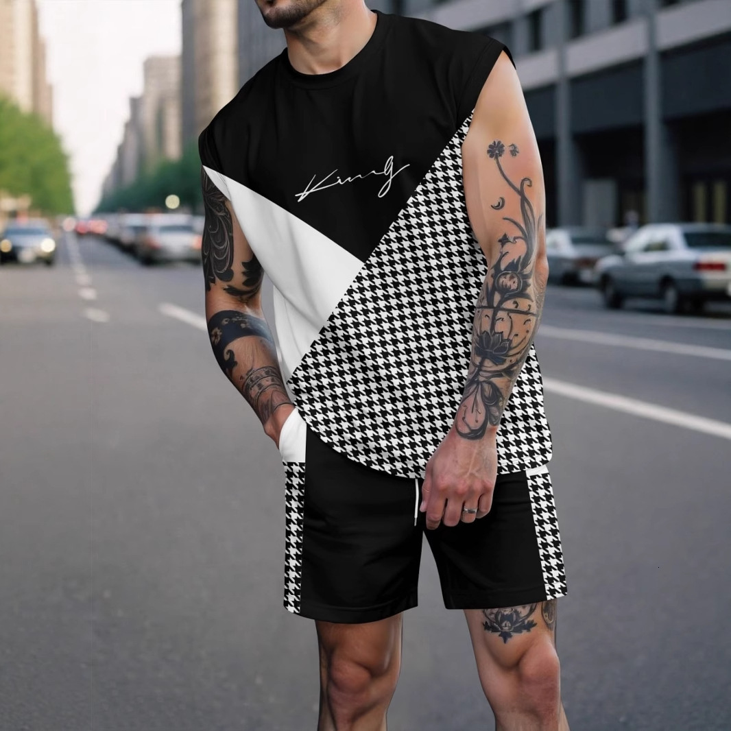 New Brand Men's Suit European And American Fashion T Shirt Vest Letter Printed Shorts Summer Street Style Loose Casual Sports Suit Apparel Fashio