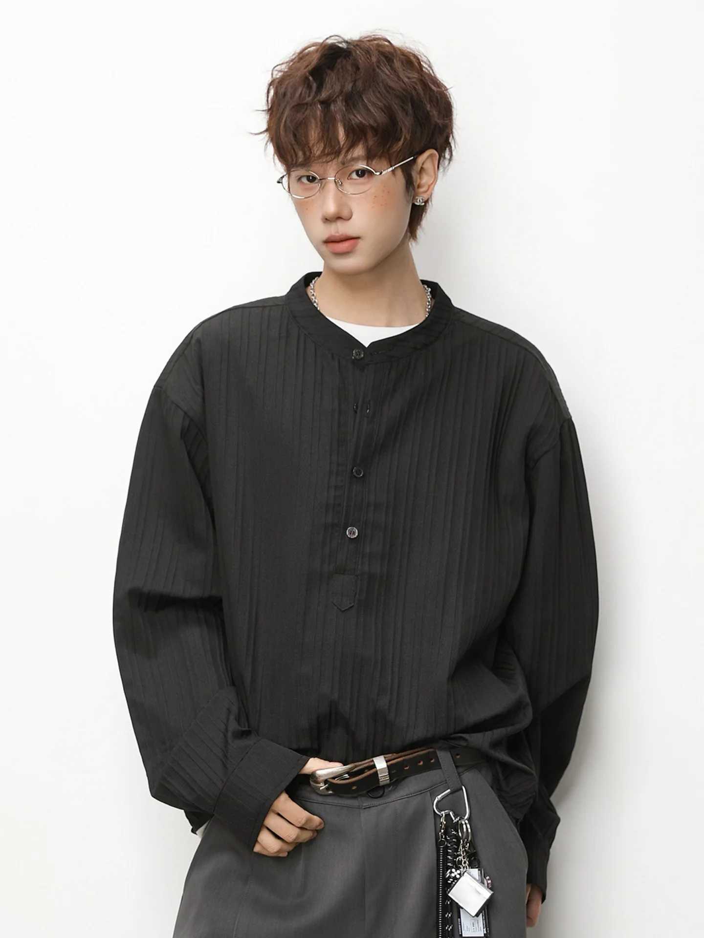 Textured Vertical Stripe Long-Sleeved Shirt Mens Casual Breathable Button-Down Stand Collar Shirt Jacket Soft M260305