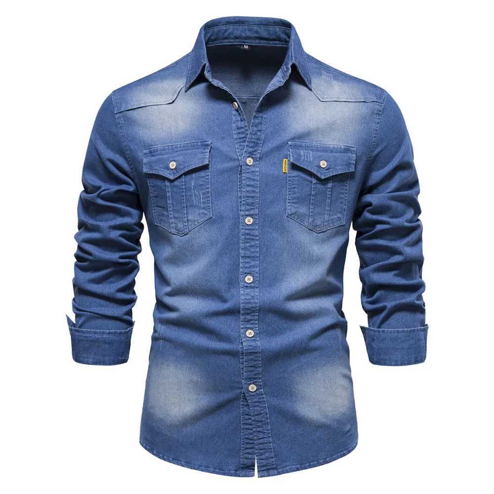Elastic Cotton Denim Shirt Men Long Sleeve Solid Color Pocket Shirts for Men Casual Slim Fit Mens Designer Clothing M260305
