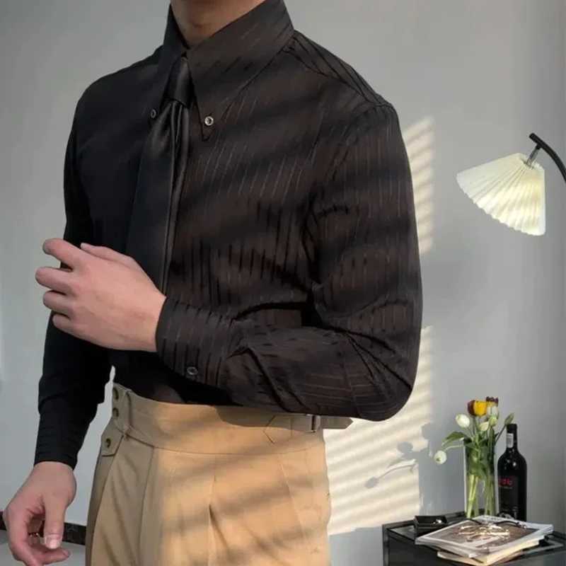 Business Square Collar Stripe Retro 2024 Autumn Mens Splicing Button Fashion Slimming Style Versatile Casual Long Sleeve Shirts M260305