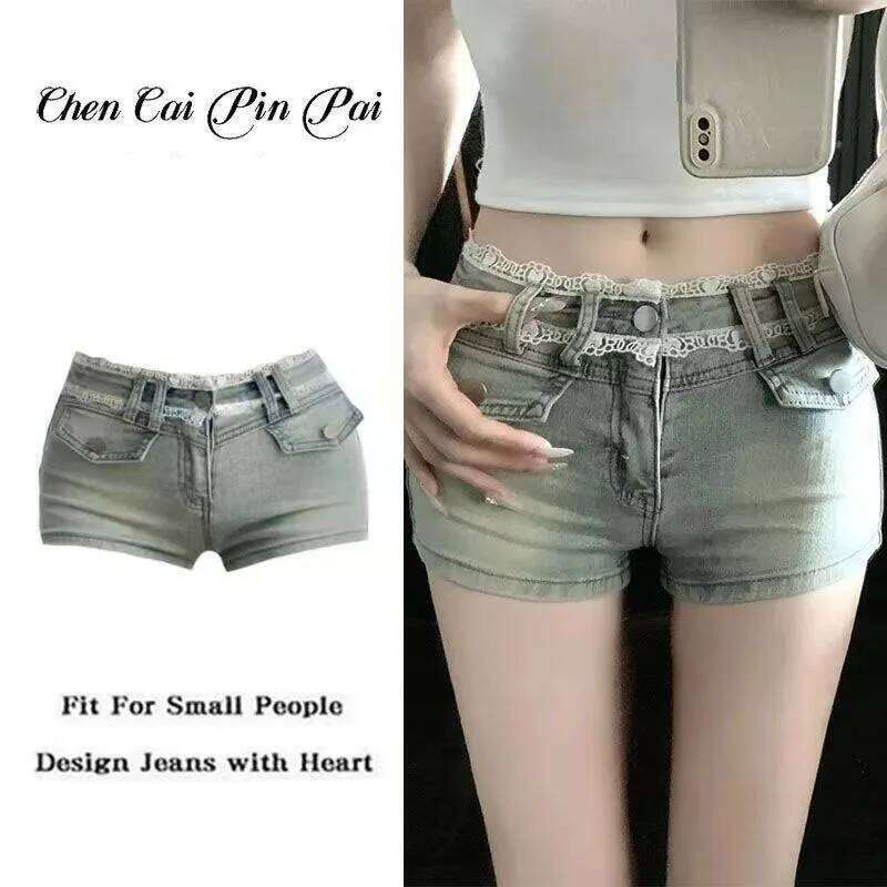 Fashion Lace Low-Waist Jean Female 2026 Summer New Vintage Slimming Tight Shorts Korean Light Blue Denim Short Pants XJ260305