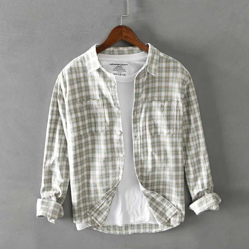 2026 Spring Autumn New Men Shirts Casual Plaid Long Sleeve Cotton Shirt Thick Retro Multi-pocket Blue Workwear M260305