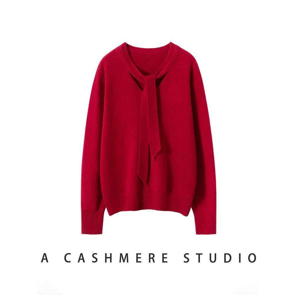 Women 100% Cashmere Sweater Ribbon V-neck Design Pullovers Autumn Winter French Retro Style Soft Knitwear Clothing Tops High-end XJ260305