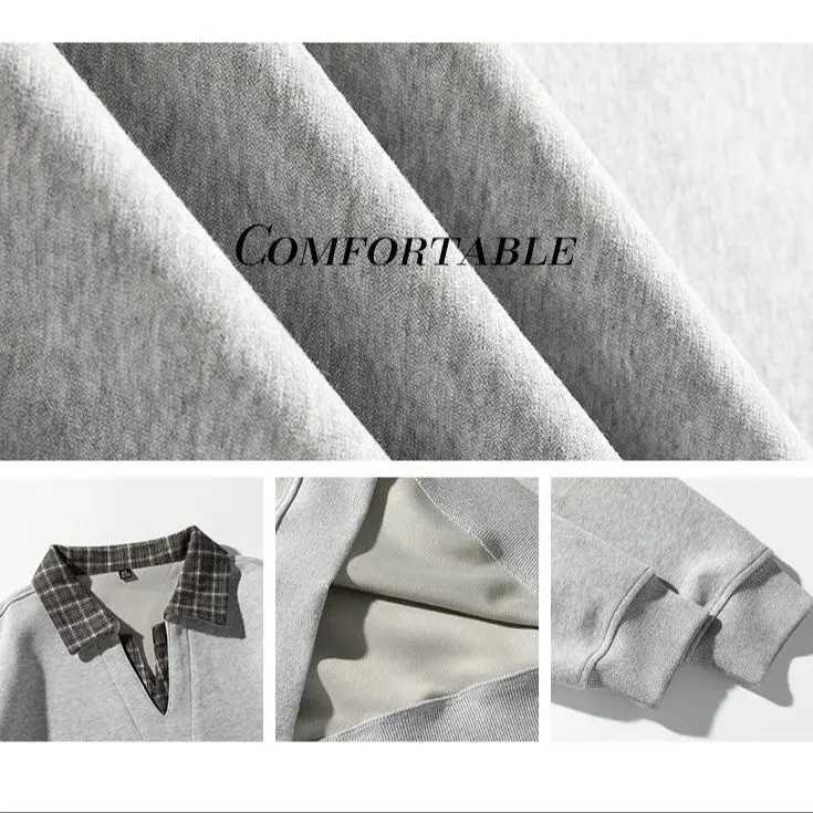 Retro Plaid Neck Sweatshirt for Men and Women Heavyweight Cotton Soft Fake Two-Piece V-Neck Long SLeeve M260305