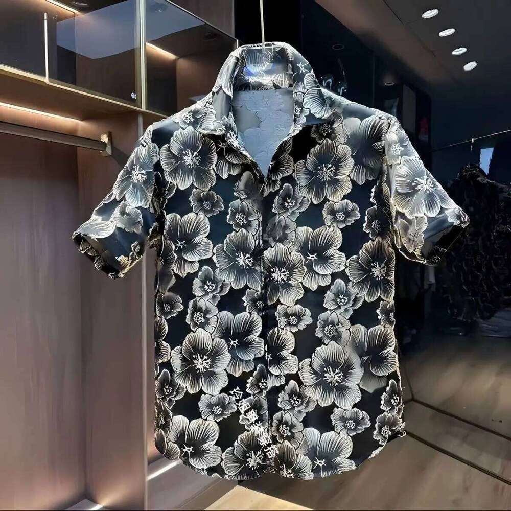 Men's Ethnic Embossed Gold Floral Short Sleeve Shirt & Shorts 2 Piece Set Summer Casual Ethnic Style Embossed Gold Flower Short Sleeve Shirt And 