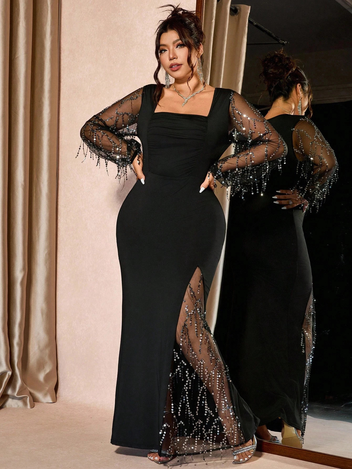 Womens Maxi Dress Spring Summer Black Square Neck Sequin Long Sleeve Slit Plus Size Elegant Formal Party Evening Gown 260302