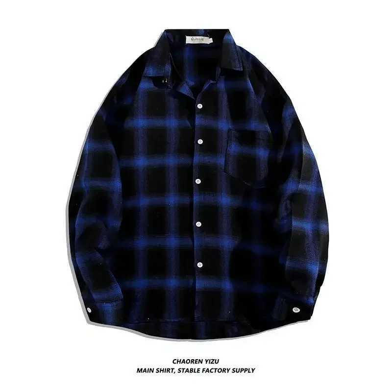 Vintage Plaid Shirts Oversize Basics Long Sleeve Turn-down Collar Pocket Loose Single Breasted Casual Thin Coat M260305
