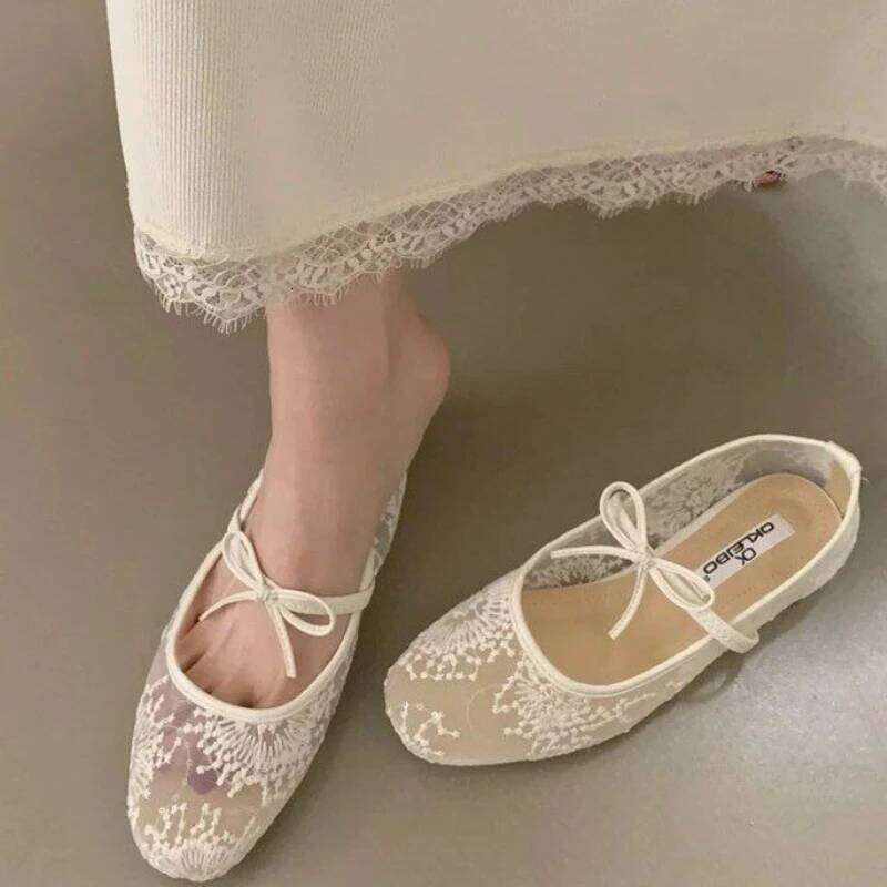 2025 Women Spring Summer Ballet Flat Shoes Breathable Mesh Embroidery Fashion Flats Lovely Bow Knot Female Daily Walking Sandals