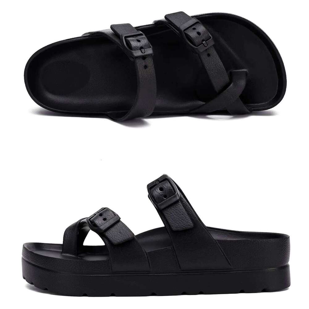 Kidmi Men and Women Comfy Slide Double Adjustable Buckle EVA Flat Lightweight Thick Non Slip Sole Sandals