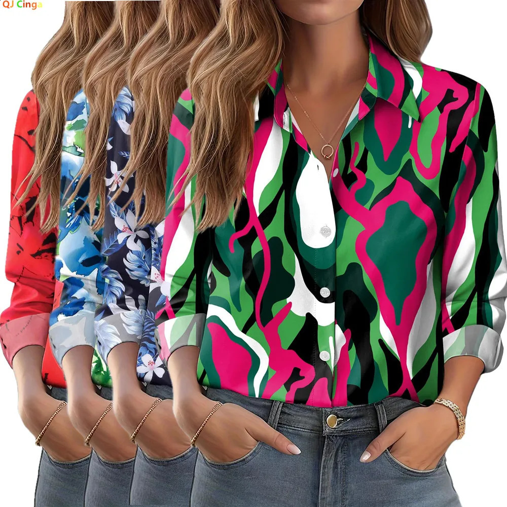 Spring Womens Red LongSleeve Printed Shirt Blue SingleBreasted Collared Shirts 2026 Collection 260228
