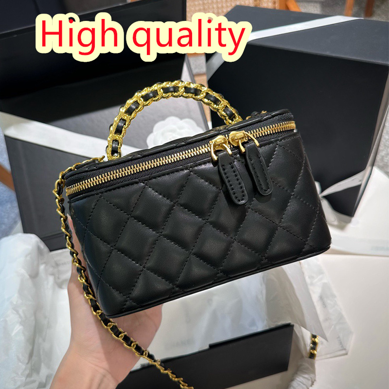 Luxury Makeup bag Black Mini Vanity Bag With Top Handle Designer Style With Gold Ball Crossbody Box Bag Gold Chain Cosmetic Case For Women Shoulder bag