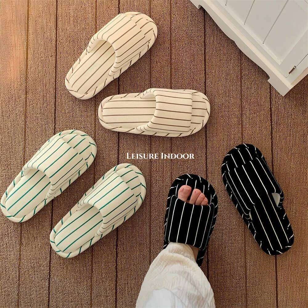 Korean Brief Cotton Linen Slippers For Women Men Shoes Anti-slip Striped Style Couples Home House Floor Slides