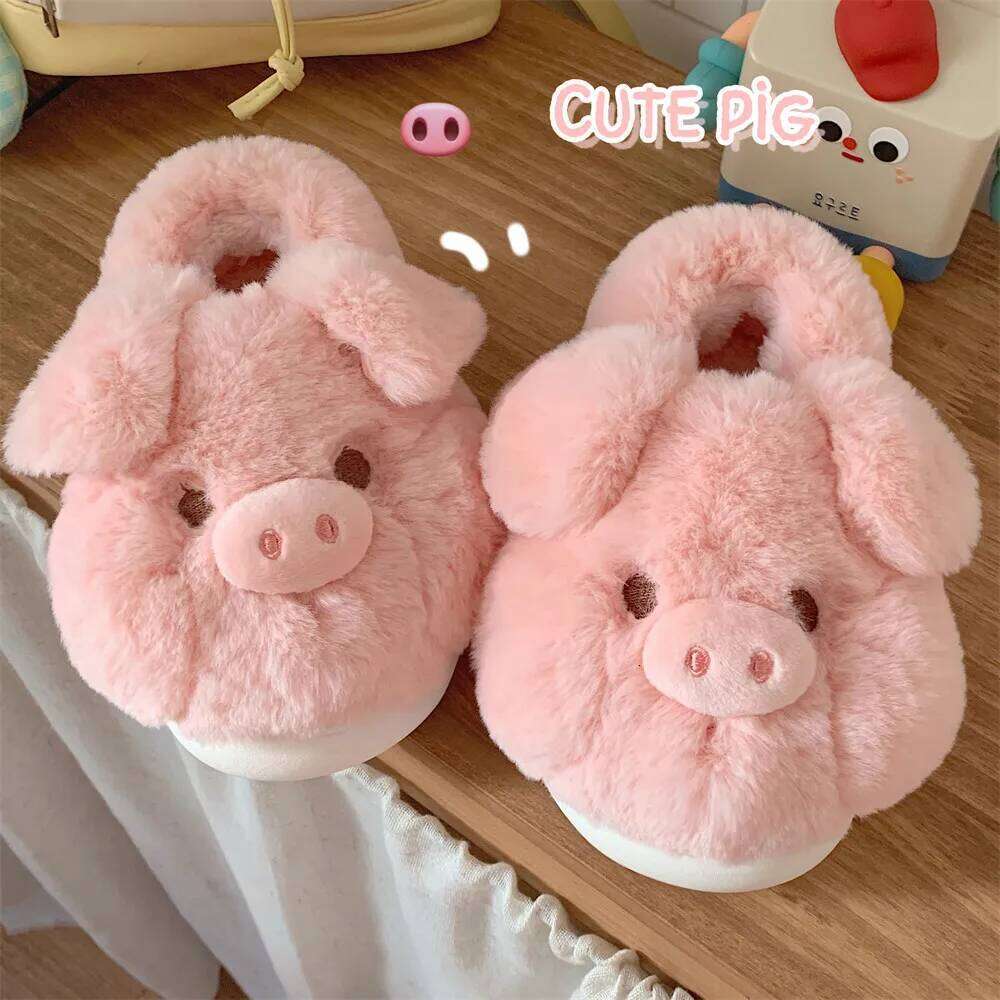 Pink Pig Cotton Slippers Women's Winter Warm Anti-Slip Cute Cartoon Soft Plush Indoor Fluffy Slipper for Girls Home Floor Shoes