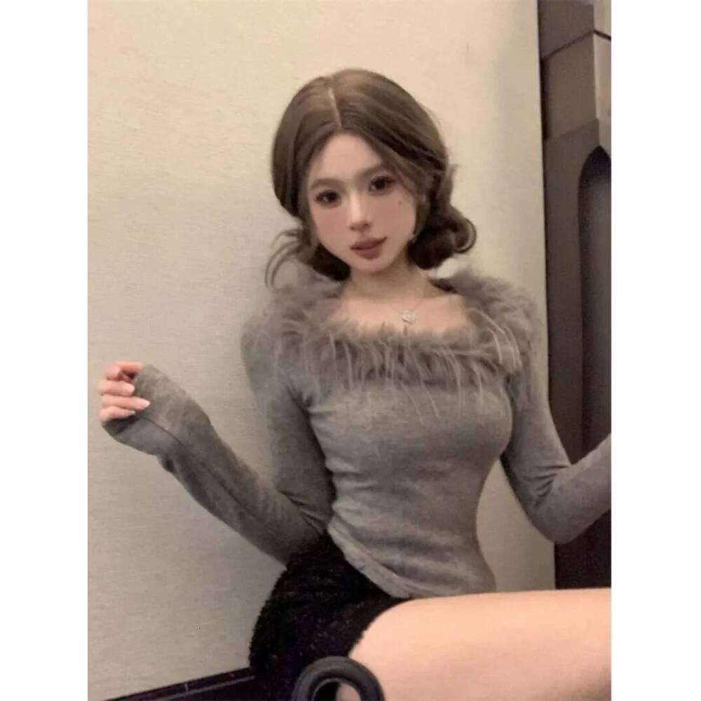 Fur Sueter Mujer Slim Y2k Square Collar Gray Knitted Sweater Female Long Sleeve Top 2024 Shirts for Women Jumper XJ260305