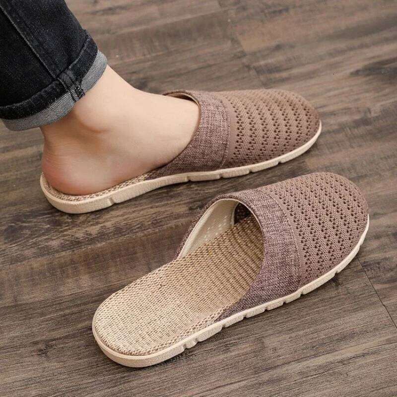 Women Indoor Linen Slippers 2025 Spring Summer Shoes Anti-slip Light Weight Breathable Lace Couples Home Floor Slides