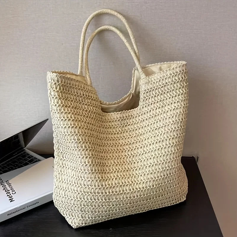 Large Capacity High-Quality Paper Straw Tote Bag - Durable Woven Beach Casual Handbag with Fixed Shoulder Straps 260303