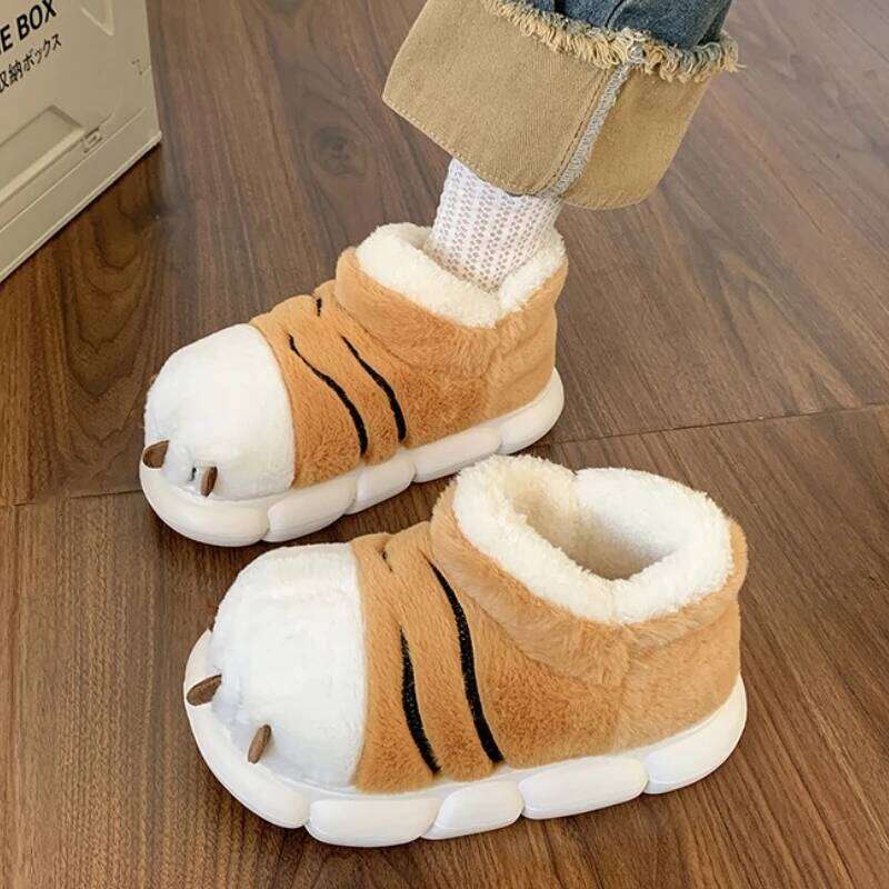 Cute Cartoon Fluffy Slippers For Women Men Winter Warm Shoes Indoor Home Floor Style Soft Plush Tiger Paw Couples Cotton Slipper