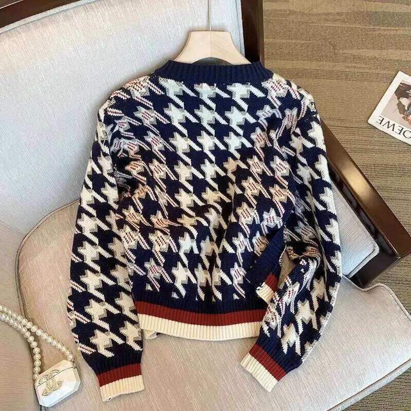 Women Retro Houndstooth Luxury Chic Single Breasted Knitted Cardigan Autumn Winter Casual O Neck Long Sleeve Loose Sweater Coat XJ260305