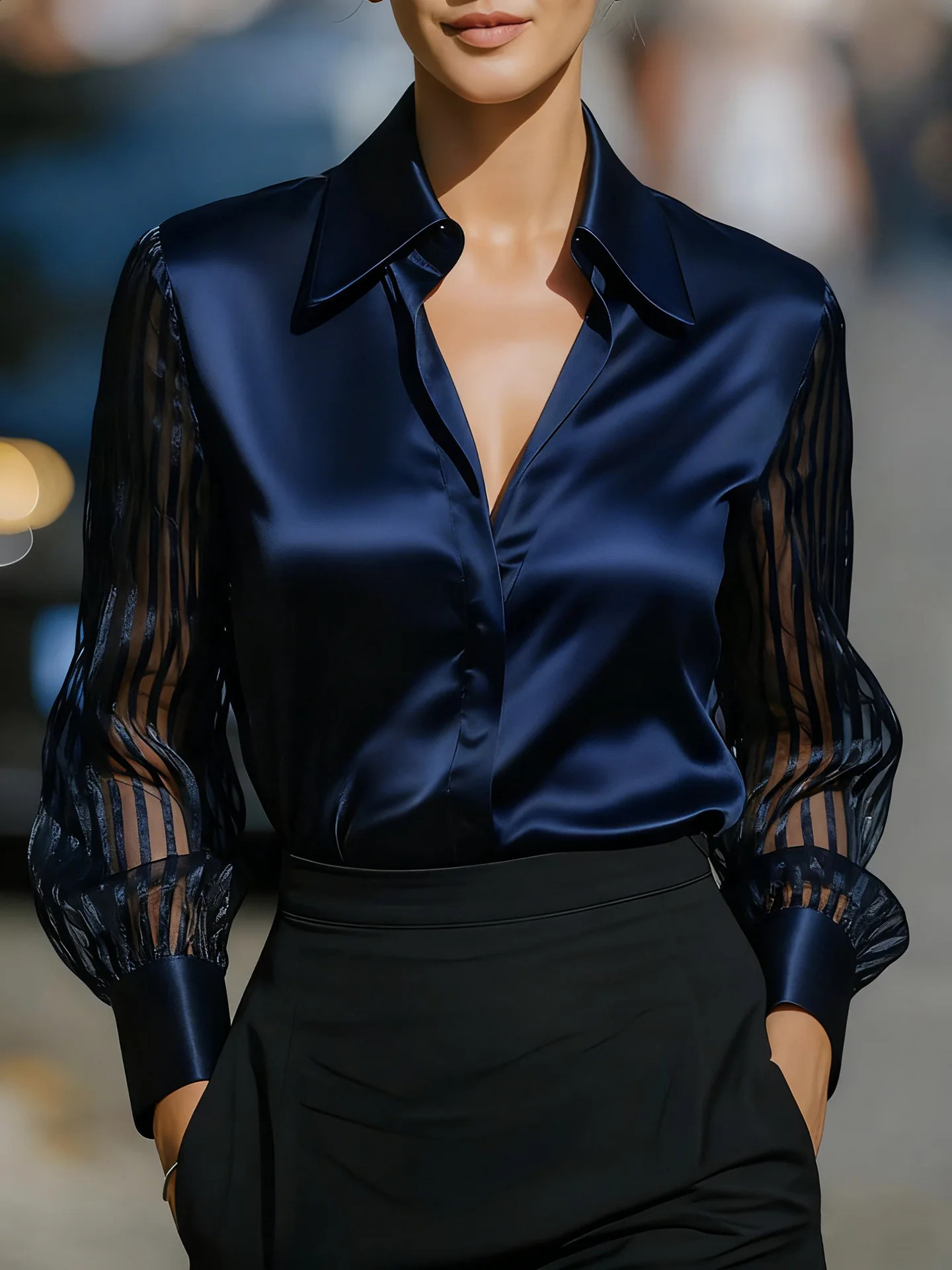 Fashion Womens Patchwork Black Shirt Satin Hollow Stripe Long Sleeve Button Cardigan Office White Female Simple Top 260228