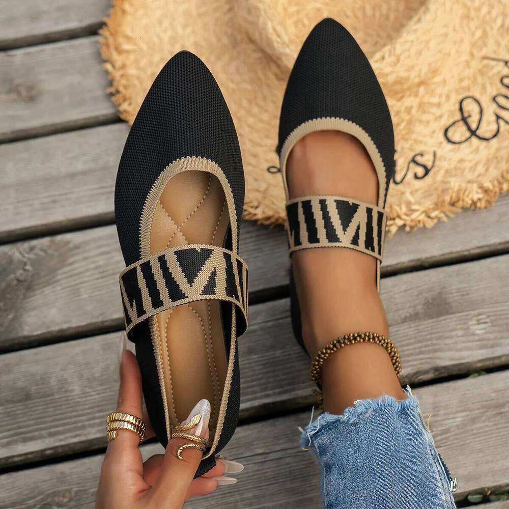Knitted Color-block Women's Flat Dressy Ballet Flats Casual striped straps Pointed Toe Loafers Female Daily Shoes Big Size