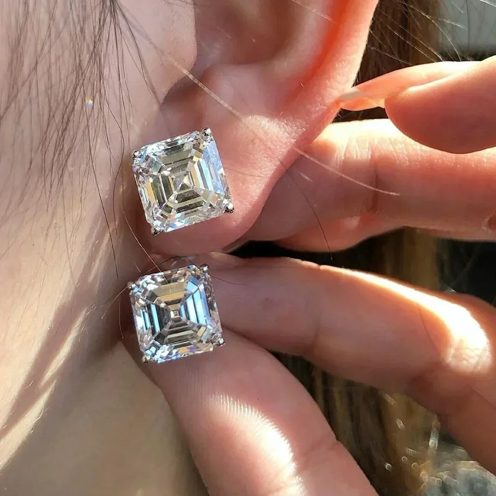 1/2/3CT Asscher Cut Stud Earrings with Certificate Square Solitaire Lab Diamond Earring for Women 925 Silver Jewelry 260303