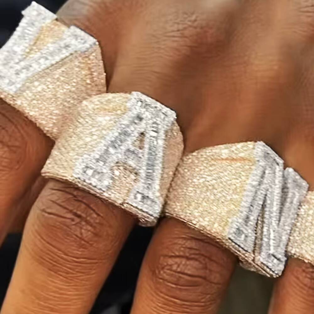A-Z Single Baguette Letters Ring for Men Ice MoissaniteVVS Rhodium Plated Gold Silver Brass Charm Fashion Hip Hop Jewelry Gift