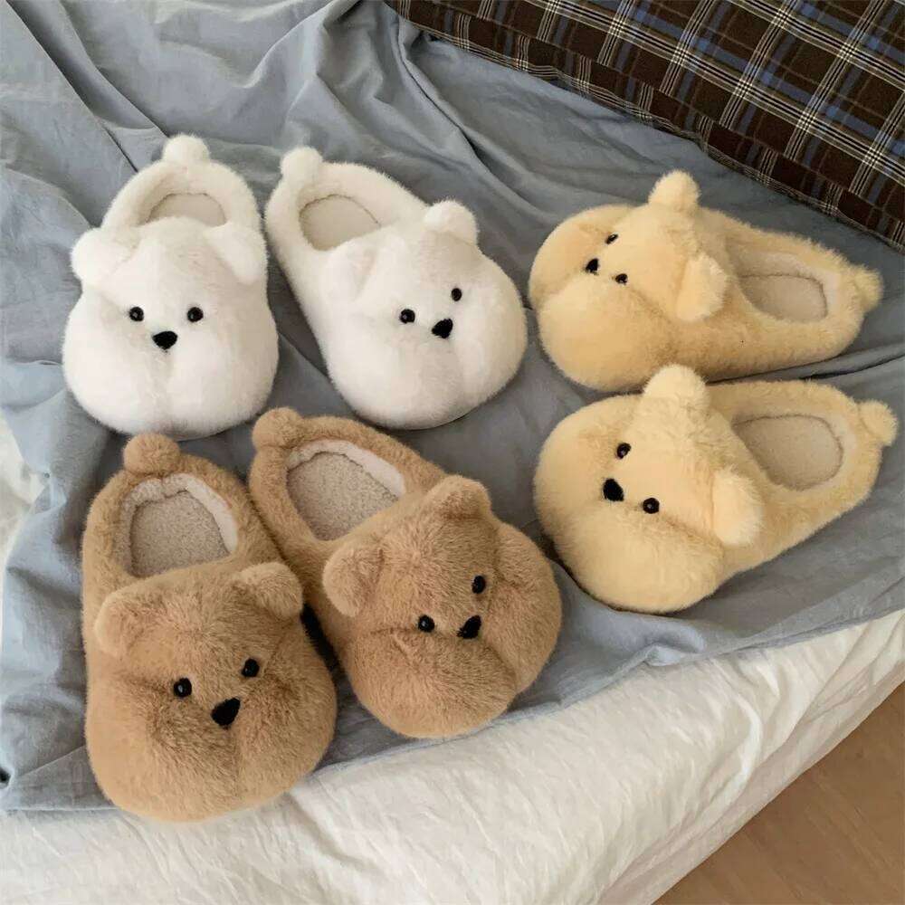 Indoor Furry Slippers For Women Men Cute Cartoon Fat Bear Winter House Shoes Warm Plush Anti-slip Couples Home Cotton Slipper
