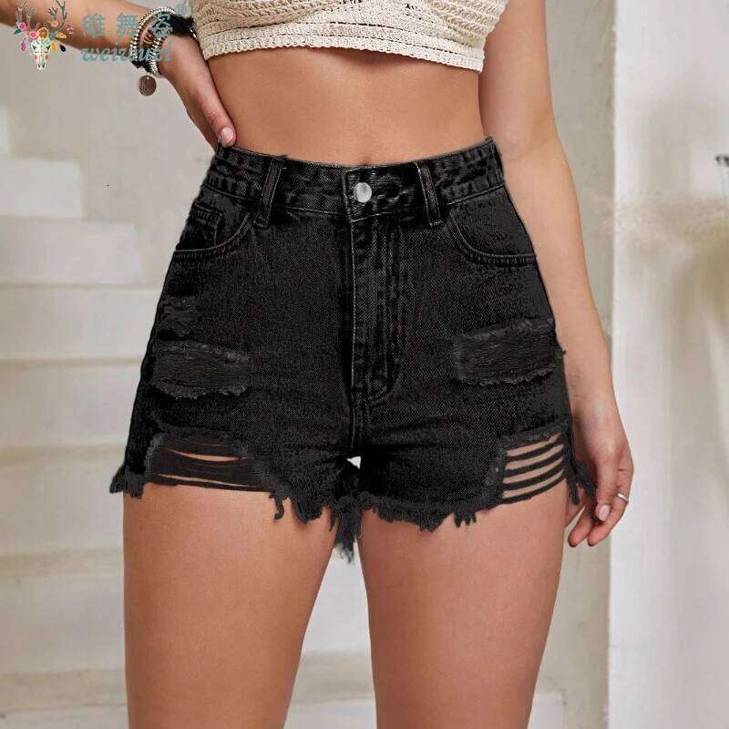 Y2K Women's Casual Fashion Slim Blue Ripped JEANS Holes Summer Quality High Waist Pants Pocket Tassel Denim Shorts XJ260305