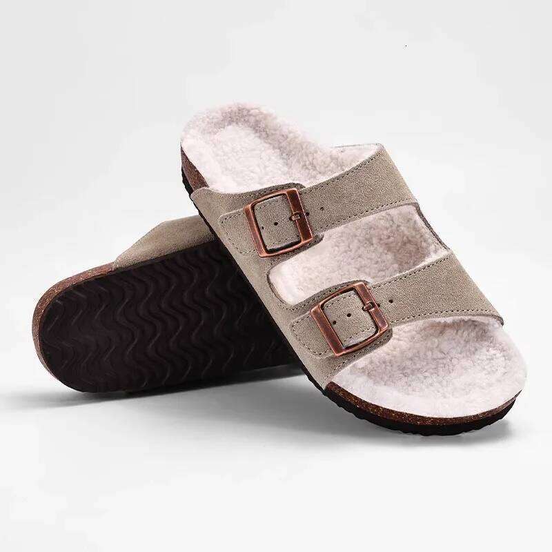 Kidmi Winter Fuzzy Cork Fashion Fleece Lined Man Clogs Outdoor Antiskid Fur Indoor House Slippers