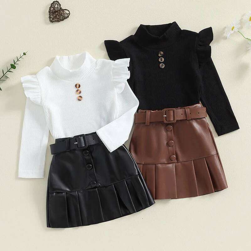 Pudcoco Toddler Girl 2 Piece Outfit Ruffles Long Sleeve Tops and Leather Pleated Skirt Set for Baby Fall Cute Clothes 18M-6T Z260304