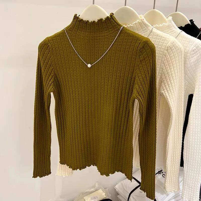 Knitted Pullovers New Long Sleeve Mock Neck White Knit Sweater Pullover Women Tops Sweaters Sueters De Mujer Q983 XJ260305
