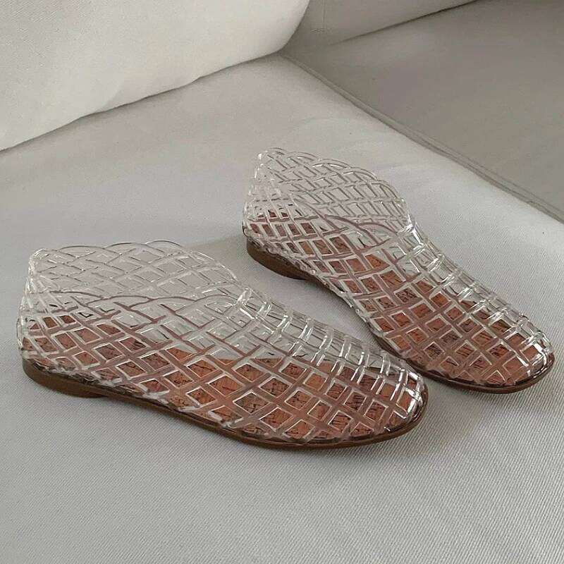 Women's New Flat Sandals with Hollow Transparent Color Mesh Jelly Shoes Woman Daily Walking Flats Plus Size 41 Soft PVC Footwear