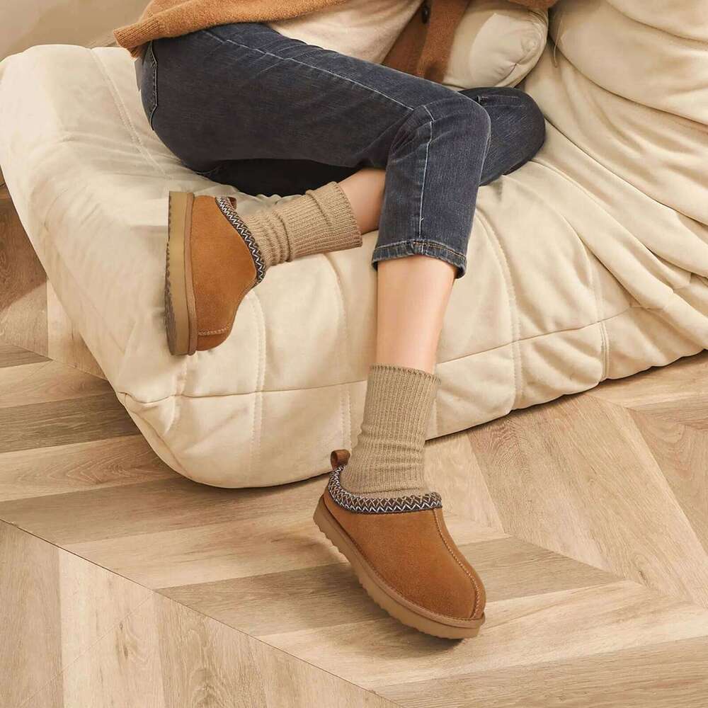 Kidmi Fuzzy House Winter Genuine Suede Snow Warmful Soft Ankle Boots Water Resistant Women Fur Slippers