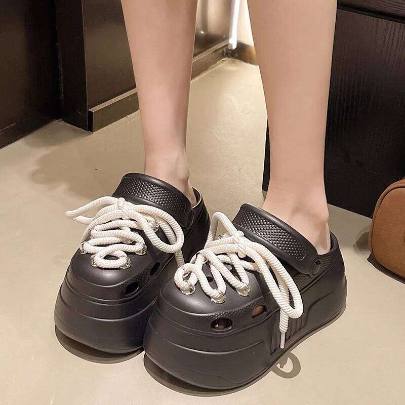 2025 Women Platform Slippers DIY Lace-up Leisure Clogs Summer Garden Shoes Thick Sole Female Home Beach Slides Street Sandals