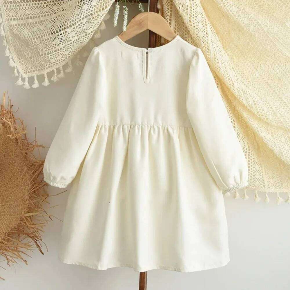 Beige Girls Dresses Autumn Long Sleeved Bow Decoration Princess Dress Fashionable and Simple Children's Casual Wear Z260304