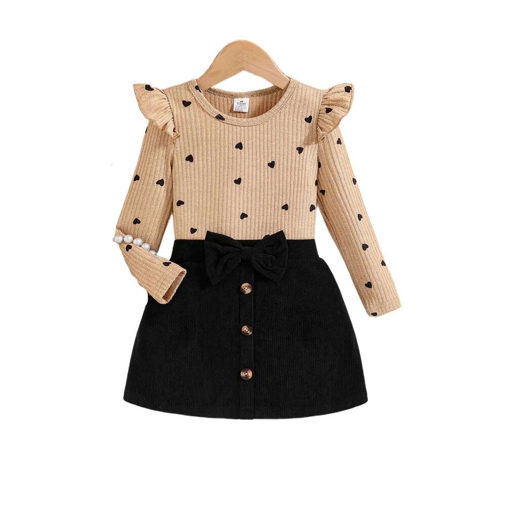 2-Piece Girls in Autumn: Fashionable Elegant Young Girls, Featuring Round-Neck Ribbed Lace-Trimmed Flutter-Sleeve Top Heart Polka Dot Print Long Sleev