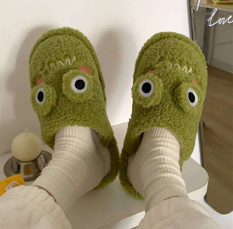 Faux Fur Slippers Cute Cartoon Frog Home Slipper Women Men Winter Warm Shoes Soft Plush Lovers Indoor House Floor Slides