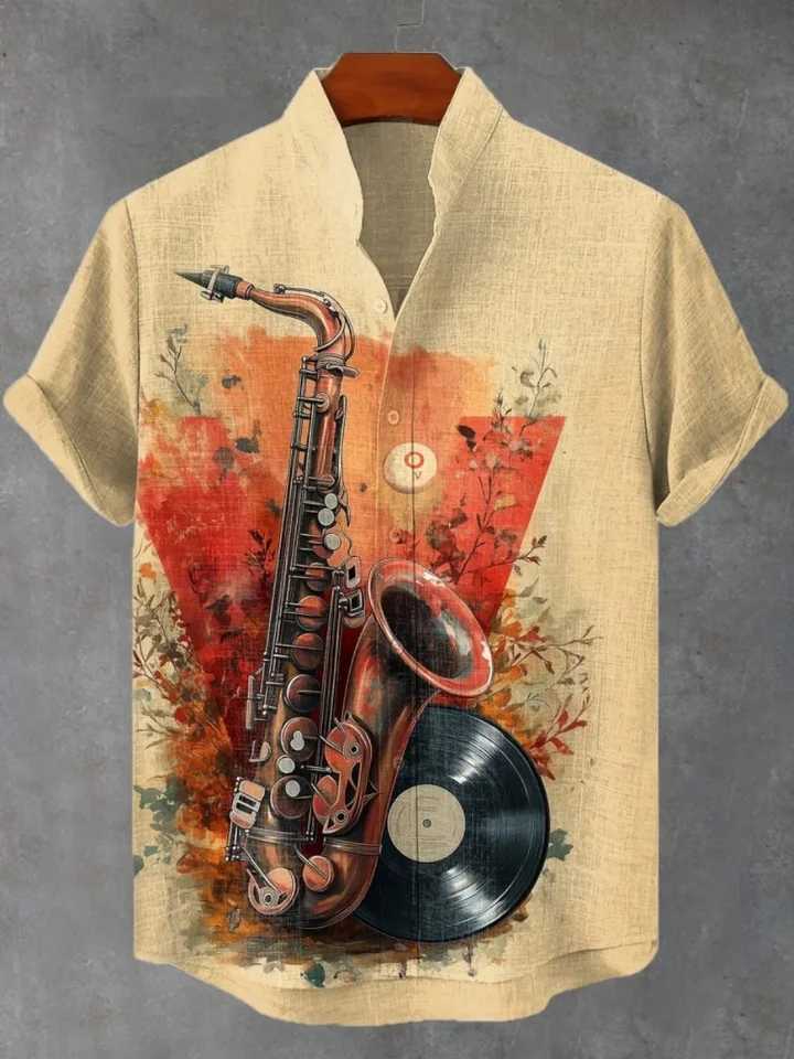 Musical instrument pattern print fashionable mens short sleeved shirt loose top outdoor street casual and comfortable M260305
