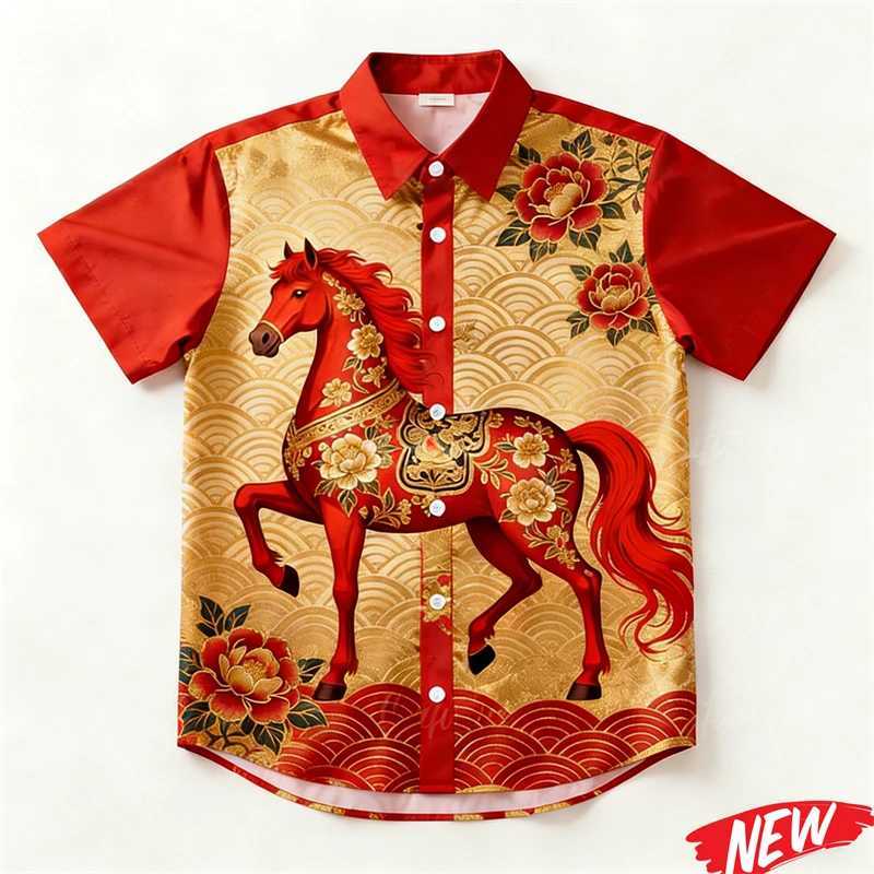 New Design 2026 Horse Year Hawaiian Shirt For Men Women Chinese New Year Party Short Sleeve Shirts Festive Loose Lapel Shirt M260305